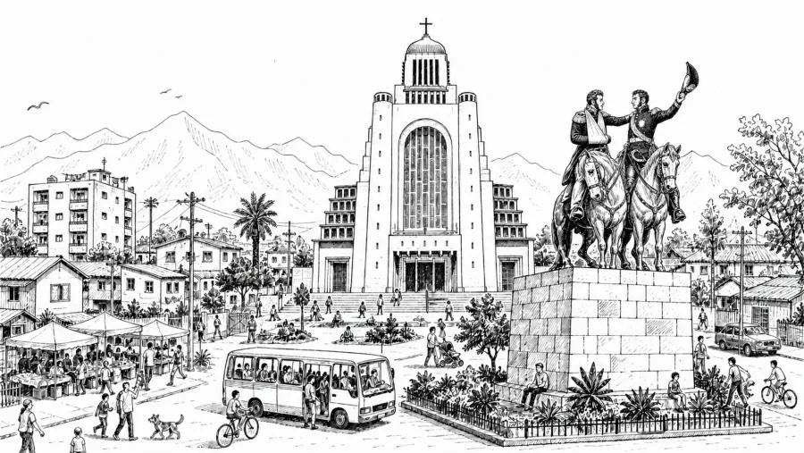 Ilustración de la Plaza de Maipú: el Templo Votivo, el monumento al abrazo de Maipú, la feria y el transporte de la comuna.